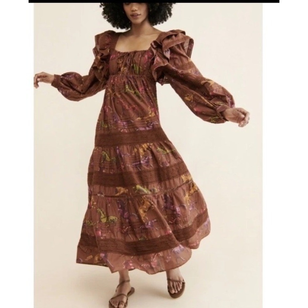 FARM Rio Dotted Horse Tiered Maxi Dress Brown Size S